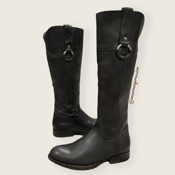 $389 Frye Jamie Ring Tall Distressed Stone Black Leather Knee High Zip Up Boot - Picture 15 of 15